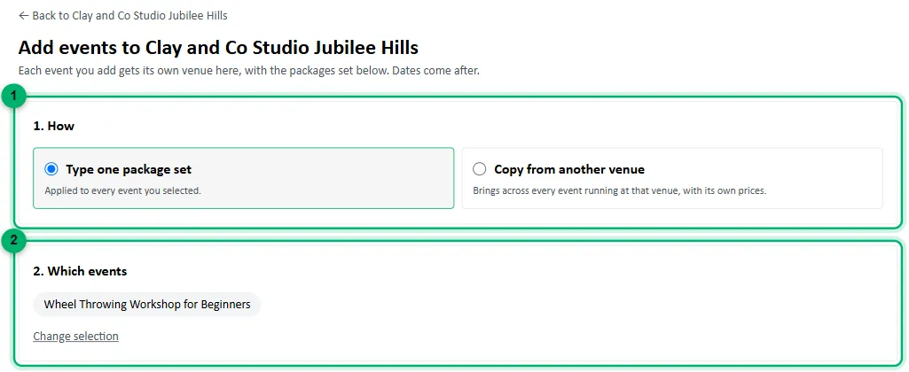 The How and Which events steps of Add events, numbered