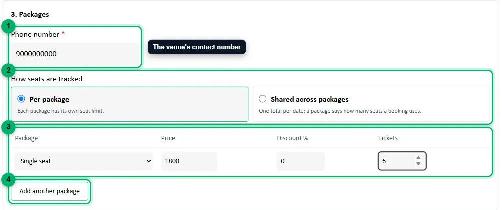 The Packages step with the phone number, seat tracking and package table numbered