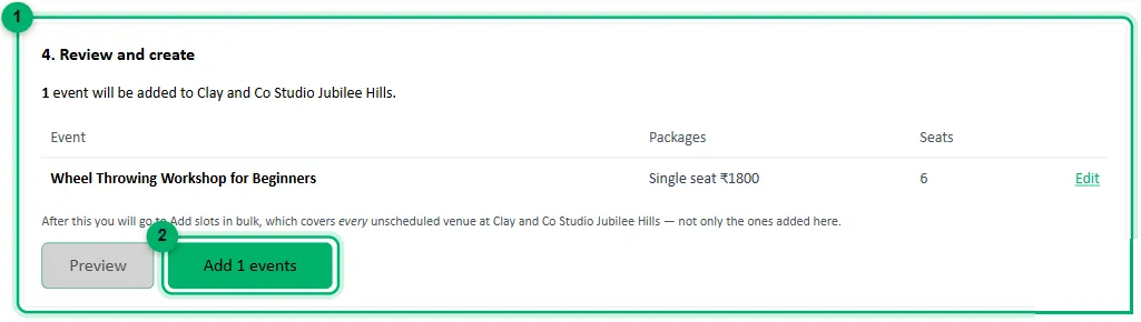 The Review and create step with the Add events button numbered