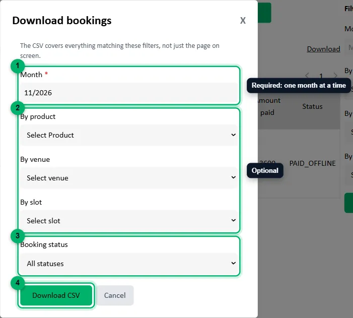 The Download bookings window with each field numbered