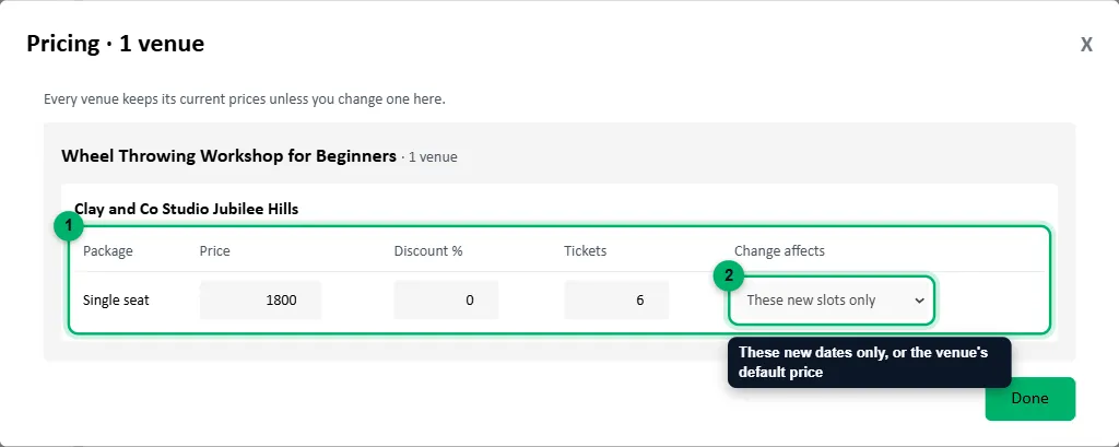 The Pricing window with the package row and the Change affects choice numbered