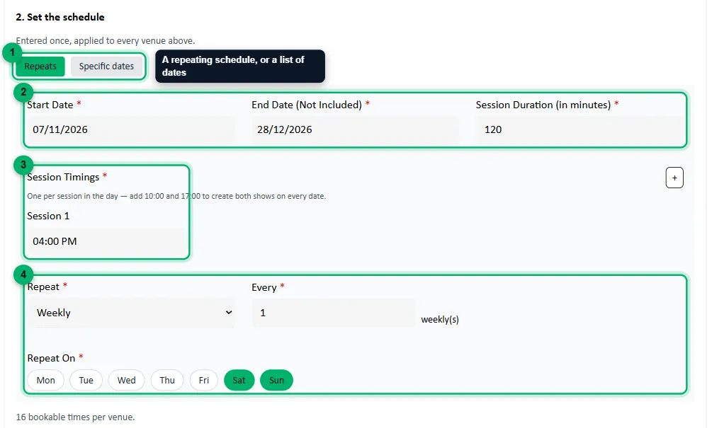 Step 2 of Add slots in bulk with the schedule fields numbered