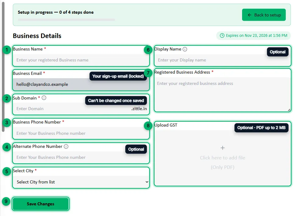 The Business Details form with each field numbered