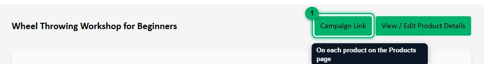 An event on the Products page with the Campaign Link button marked