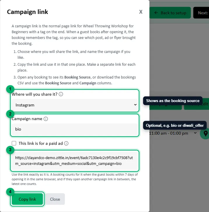 The Campaign link window with each field numbered