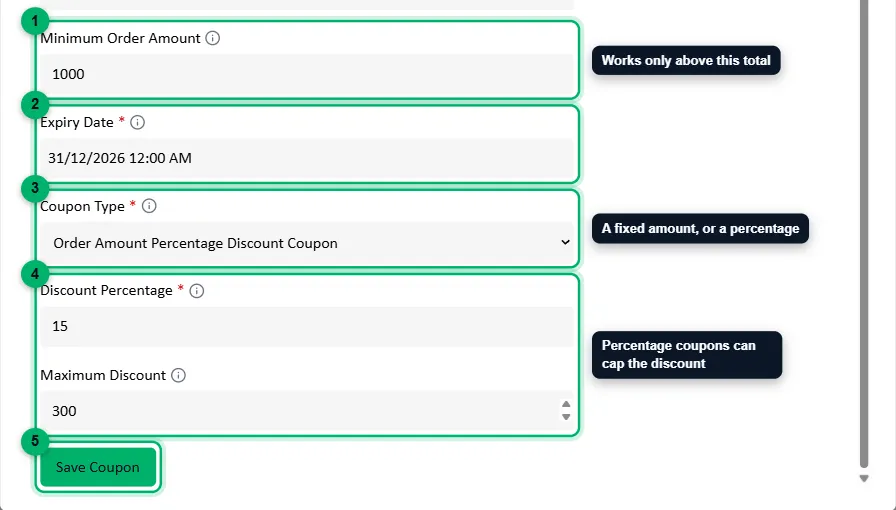 The bottom of the Coupon Detail window with each field numbered