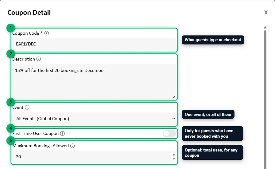 The top of the Coupon Detail window with each field numbered