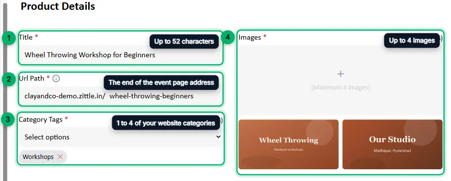 The top of the Product Details form with each field numbered