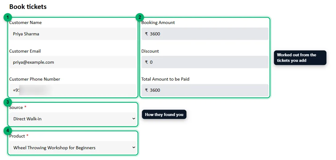 The top of the Book tickets form with each field numbered