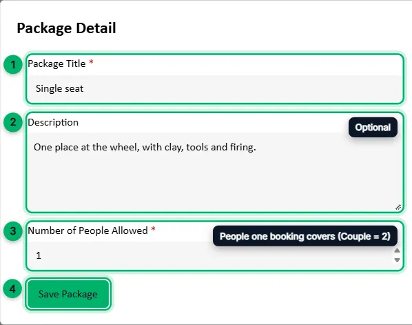 The Package Detail window with each field numbered