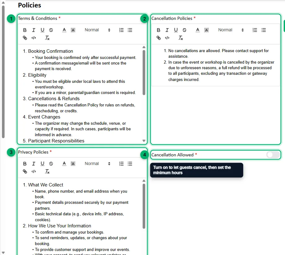 The Policies section with the three policy editors and the Cancellation Allowed switch numbered