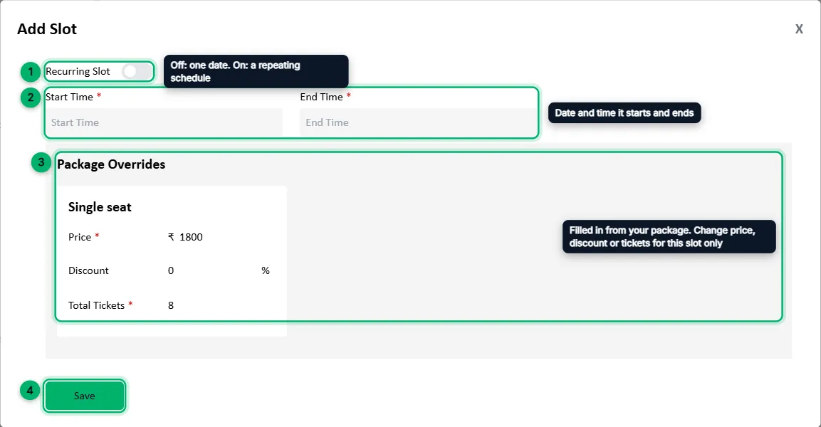 The Add Slot window for a single session, with each field numbered