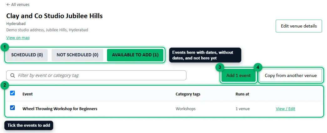 A venue’s page with the tabs, events list and add buttons numbered