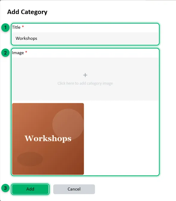 The Add Category window with the title, image and Add button numbered