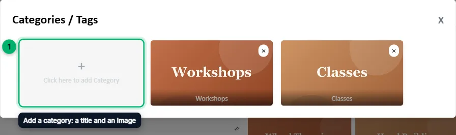 The Categories / Tags list, showing two categories and the add button