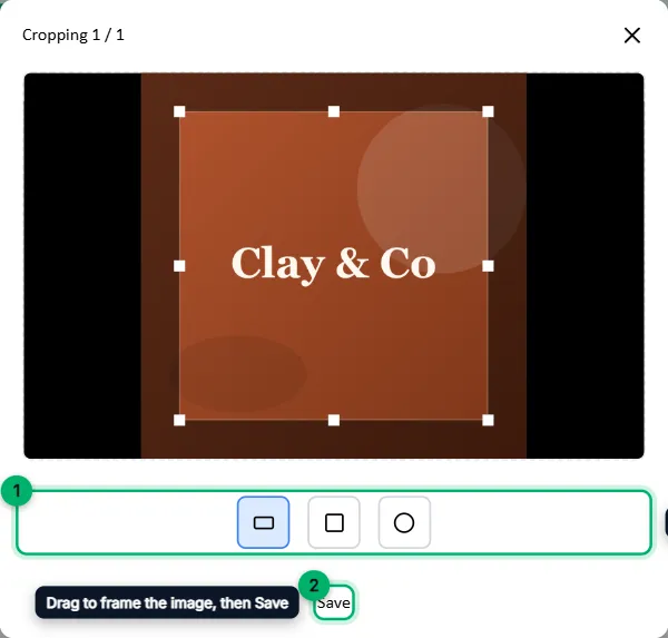 The image cropping window, with the crop shapes and the Save button marked