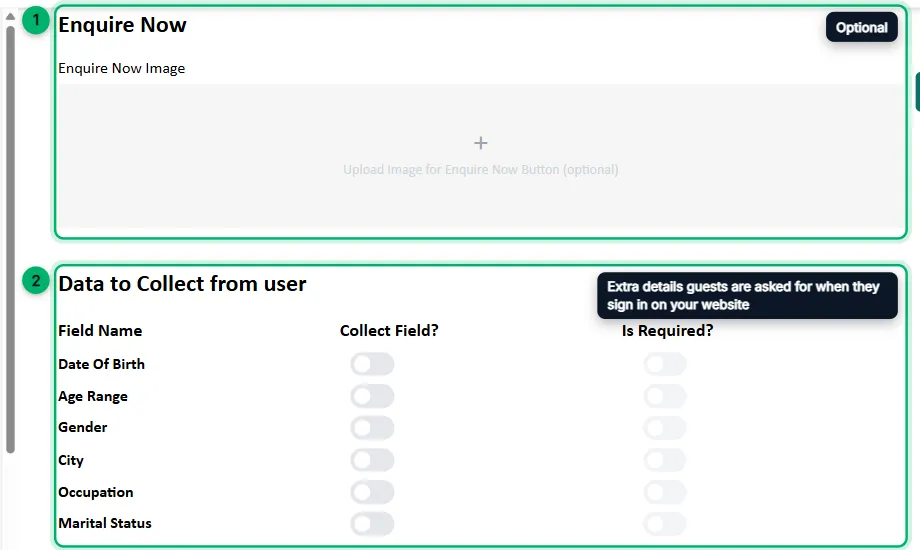 The Enquire Now and Data to Collect from user sections, numbered