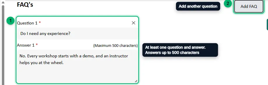 The FAQs section with a question and answer numbered