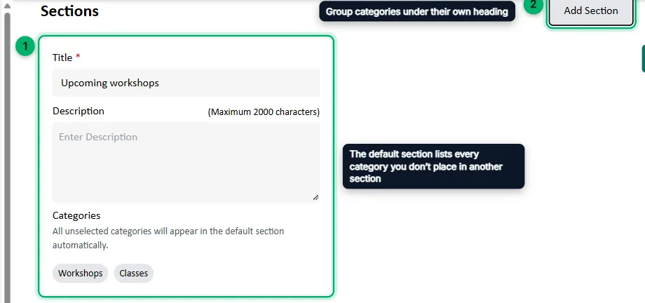 The Sections area with the default section and the Add Section button numbered