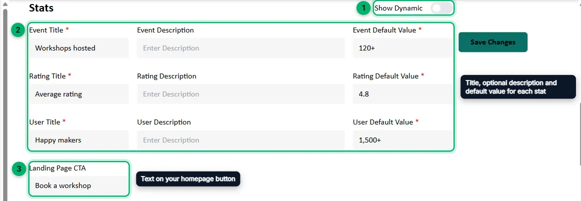 The Stats section and the Landing Page CTA field, numbered