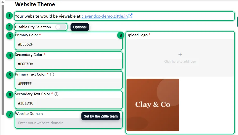 The Website Theme section with each field numbered